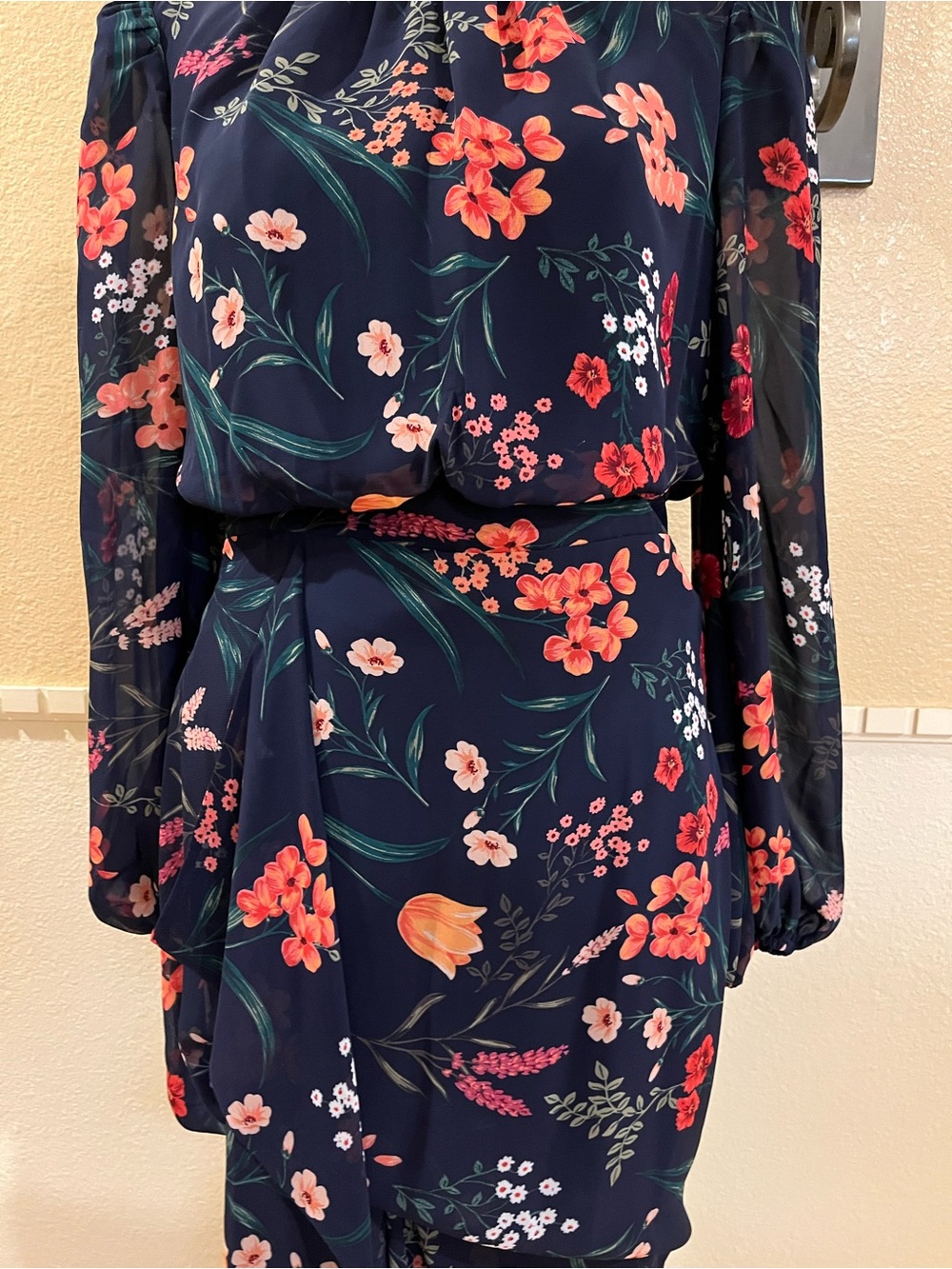 Eliza J Chiffon Floral Long Dress. Balloon long sleeve, slit, cascading ruffle 6 - Picture 7 of 16